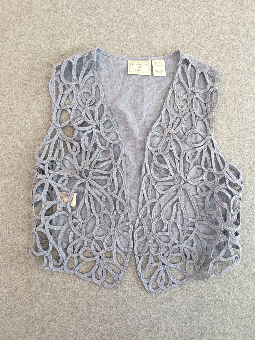 Vintage Susan Bristol Vest Open PP Light Blue Cutout Lattice Floral Boho Cottage